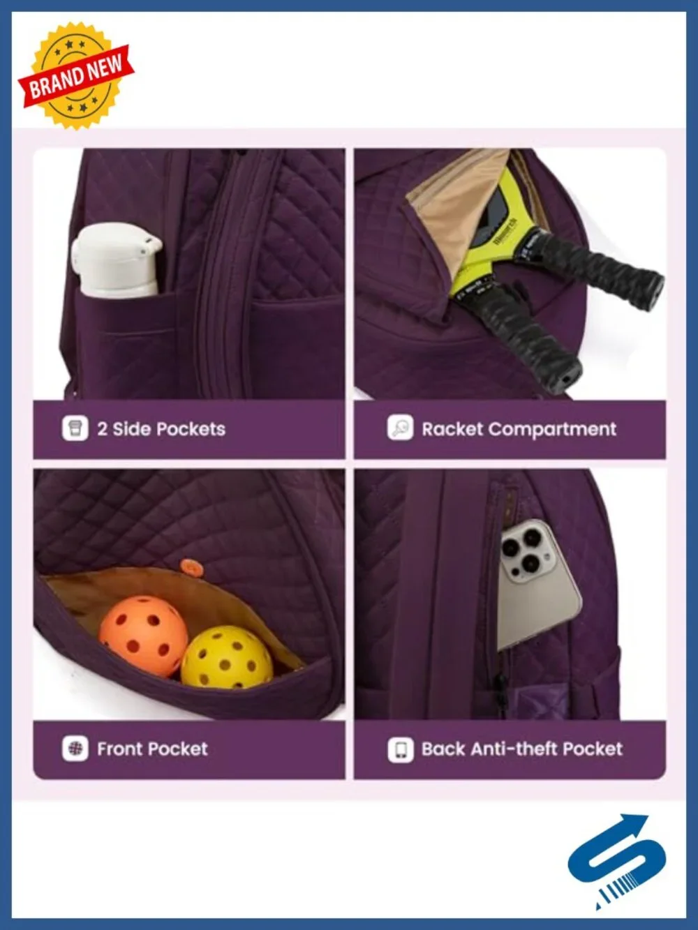 Tennis Backpack for Women Quilted Pickleball Bag Large Capacity Laptop Sleeve